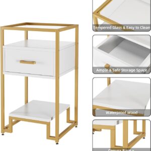 Nightstand Set of 2, End Table with Storage Drawer and 3-Tier Storage & Tempered Glass Top, Bedside Furniture with Steel Frame, Side Table for Bedroom, Dorm, Easy Assembly, White and Gold