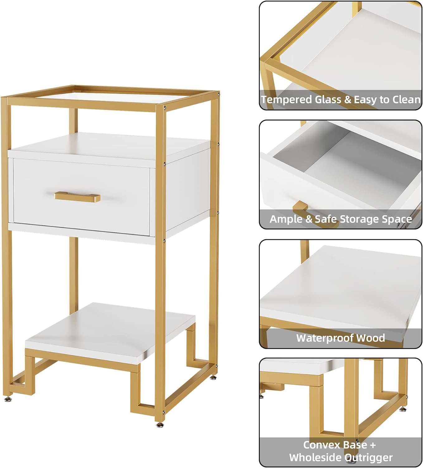 Nightstand Set of 2, End Table with Storage Drawer and 3-Tier Storage & Tempered Glass Top, Bedside Furniture with Steel Frame, Side Table for Bedroom, Dorm, Easy Assembly, White and Gold