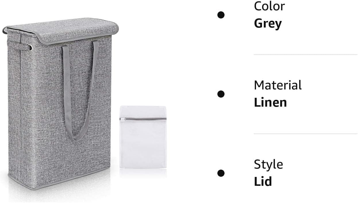 CHUBARIY Ultra-Thin Laundry Hamper with Lid, Tall Thin Waterproof Lined Narrow Dirty Clothes Hamper with Handle, Suitable for Bathroom, Bedroom, Dormitory to Organize and Store Clothes, Grey