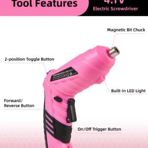 Durofort Pink Cordless Electric Screwdriver Set, 4.1V Rechargeable Small Electric Drill with 48pcs Driver Bit Set, Power 3Nm Screw Gun with 2 Position Handle, Flexible Shaft LED Light for Women