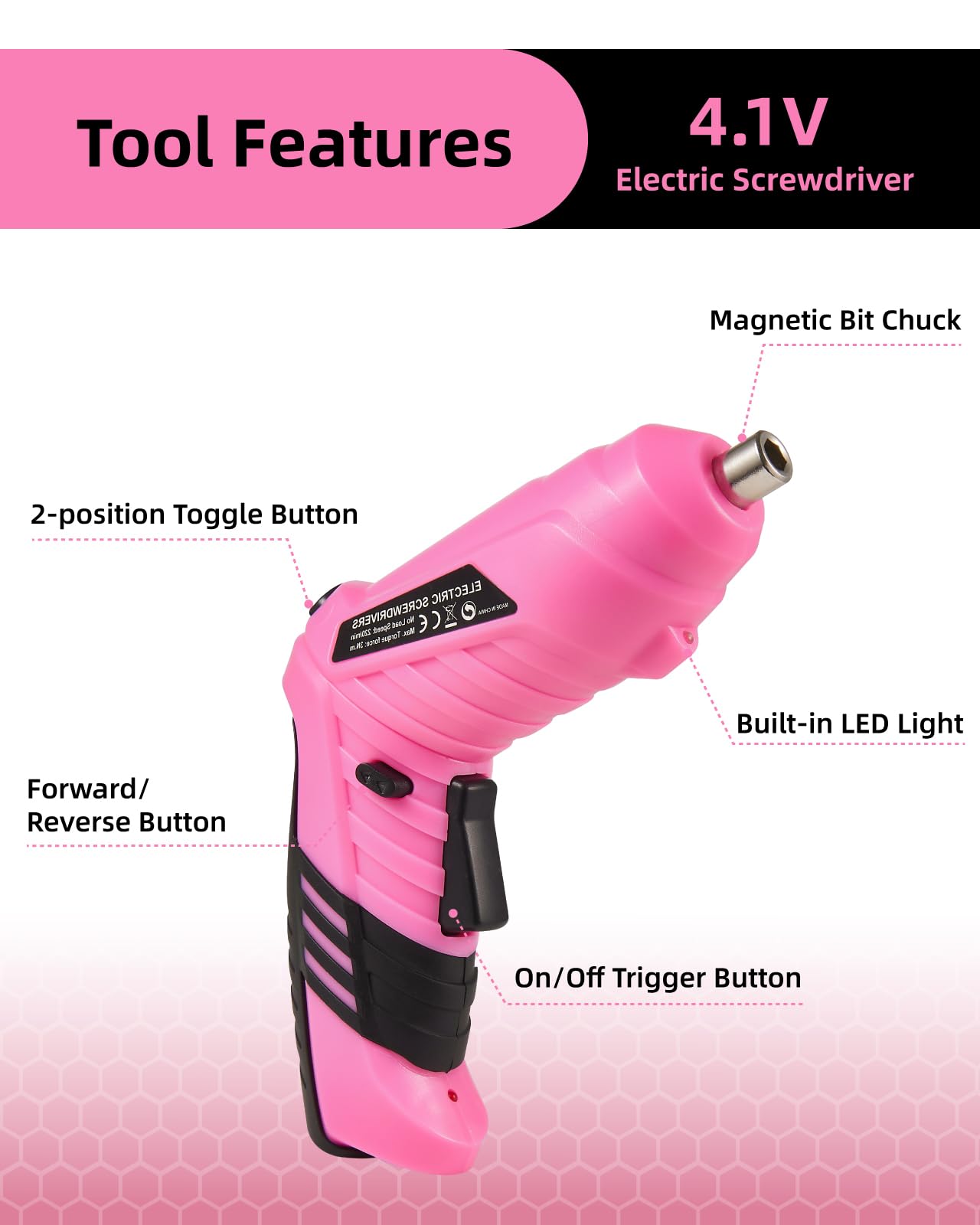 Durofort Pink Cordless Electric Screwdriver Set, 4.1V Rechargeable Small Electric Drill with 48pcs Driver Bit Set, Power 3Nm Screw Gun with 2 Position Handle, Flexible Shaft LED Light for Women