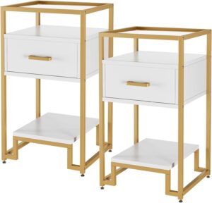 nightstand set of 2, end table with storage drawer and 3-tier storage & tempered glass top, bedside furniture with steel frame, side table for bedroom, dorm, easy assembly, white and gold