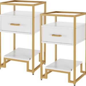 Nightstand Set of 2, End Table with Storage Drawer and 3-Tier Storage & Tempered Glass Top, Bedside Furniture with Steel Frame, Side Table for Bedroom, Dorm, Easy Assembly, White and Gold