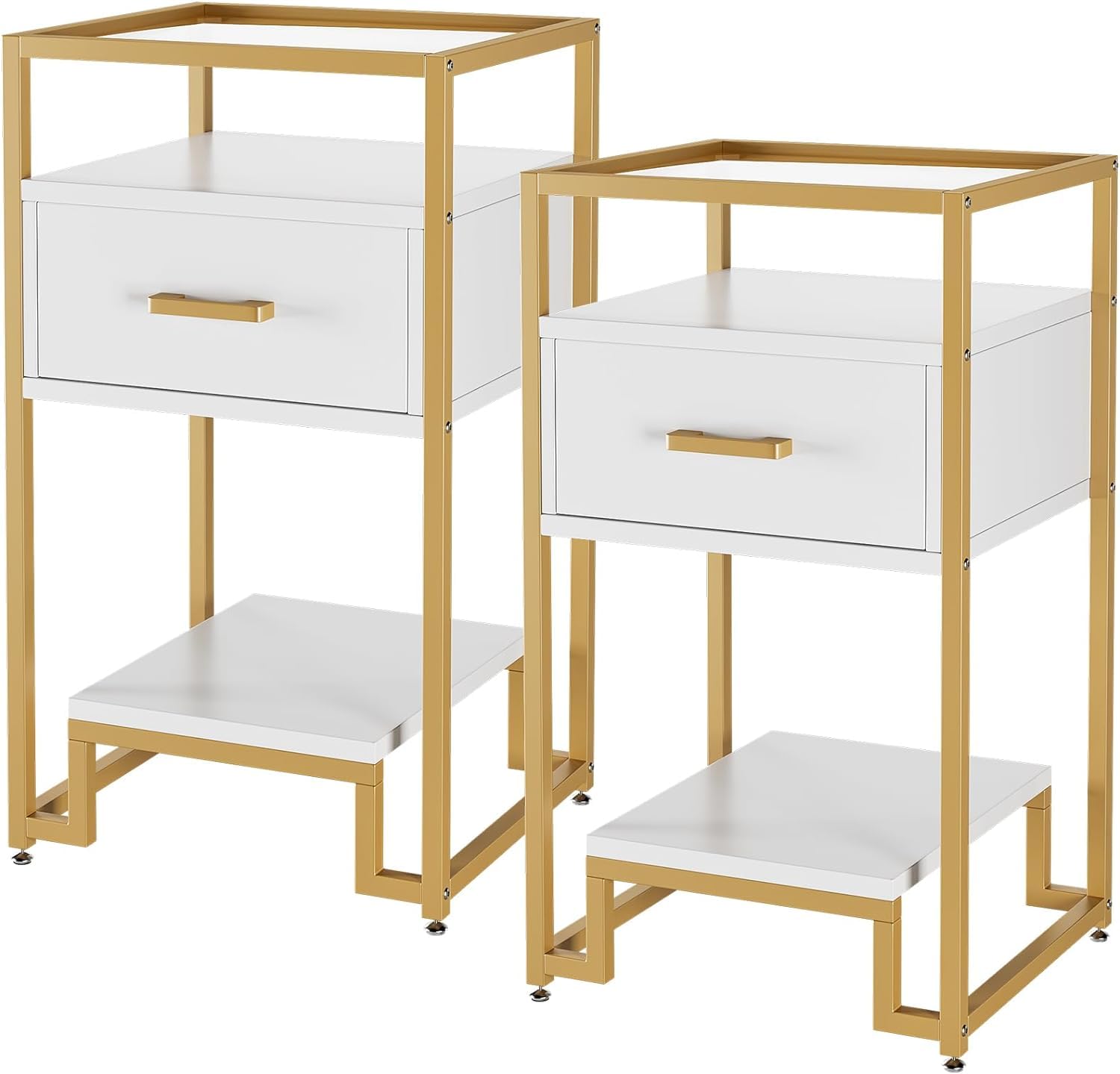 Nightstand Set of 2, End Table with Storage Drawer and 3-Tier Storage & Tempered Glass Top, Bedside Furniture with Steel Frame, Side Table for Bedroom, Dorm, Easy Assembly, White and Gold