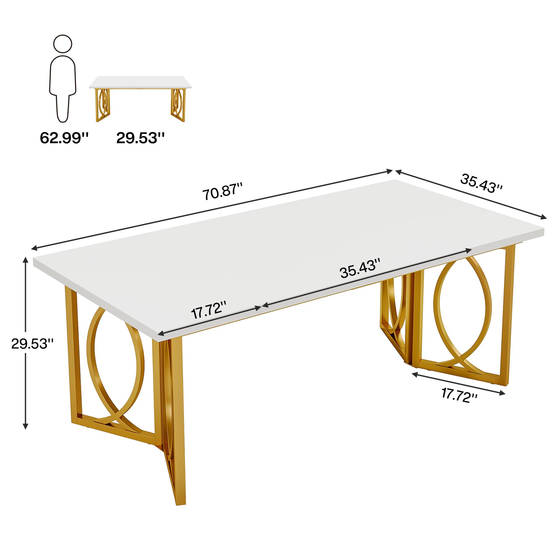 Tribesigns 70.9 inch Modern Simple Home Office Desk for Study, Large Computer Desk Office Desks Wood Study Writing Table Business Workstation with Golden Sturdy Metal Frame for Bedroom, White Gold