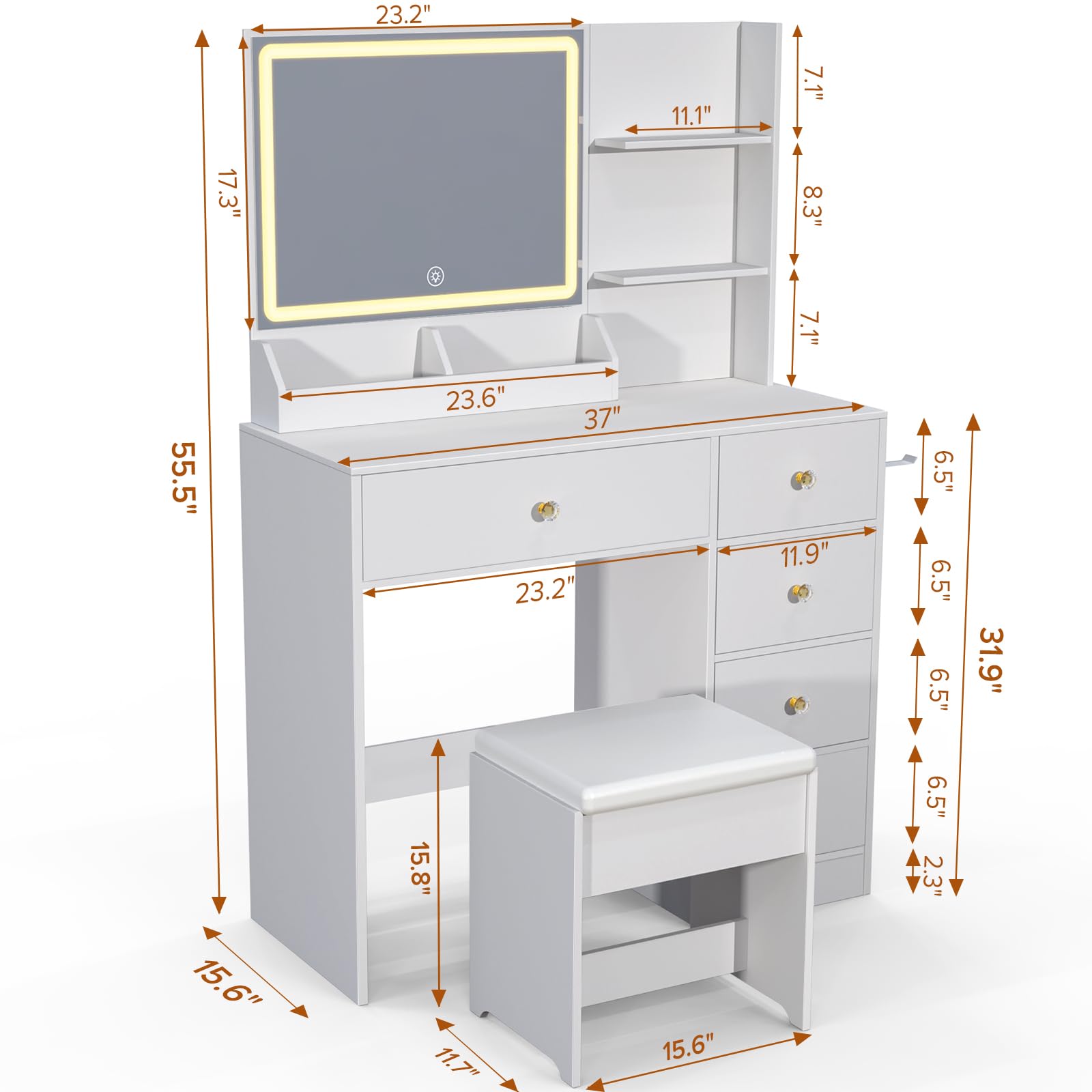 Zvivofla Vanity Desk with Mirror and Lights, Makeup Vanity Table Set with Charging Station & 5 Drawers, Bedroom Dressing Set with Chair for Girls Women, 3 Lighting Colors, White