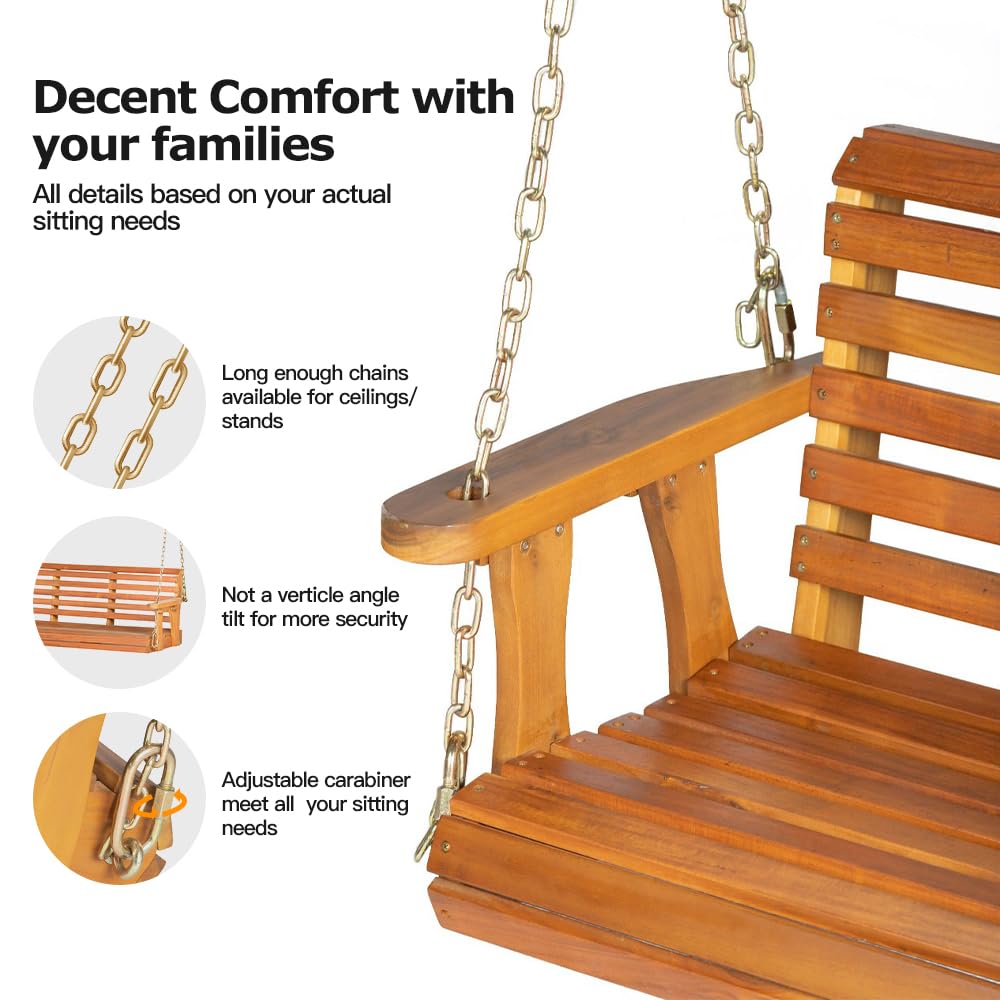 Panana Acacia Wood 2-Seater Porch Swing Outdoor Wooden Swing Bench with Hanging Chains for Garden Backyard Patio