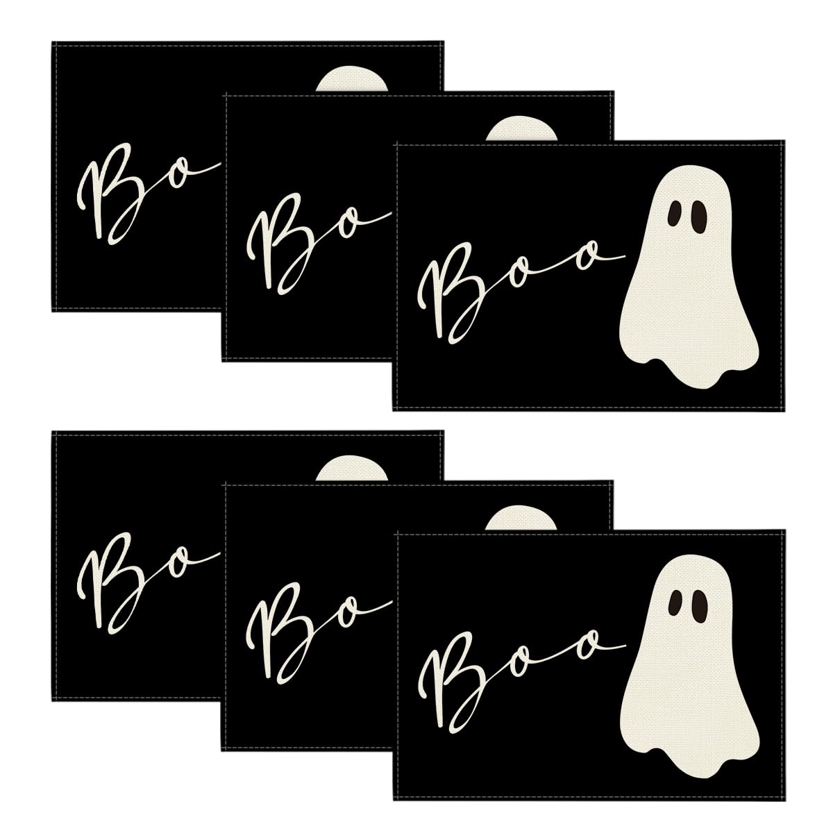 Artoid Mode Boo Ghost Halloween Placemats Set of 6, 12x18 Inch Seasonal Black Holiday Table Mats for Party Kitchen Dining Decoration