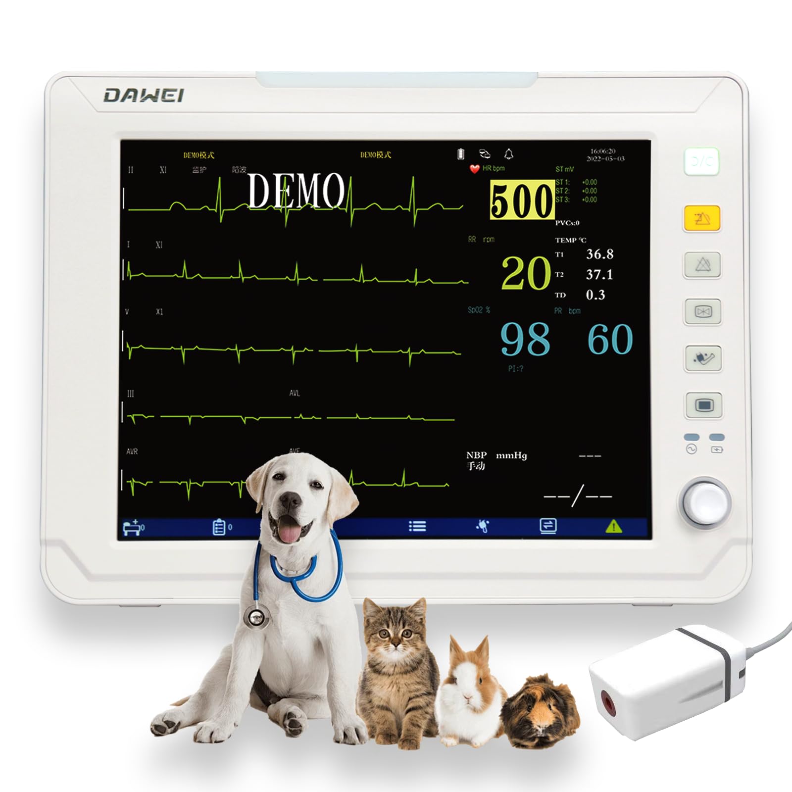 12.1-inch Display PET Vet Patient Monitor Multiparameter ICU Machine with ETCO2, Veterinary ECG, SPO2.HR, NIBP, RESP, Temp for Cat, Dog, Mouse, Animals Use