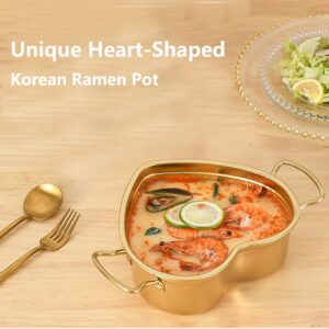 Korean Ramen Pot 8.5 * 7.7 Inch, UNOSCHRIM Heart Shaped 304 Stainless Steel Cooking Pot, Fast Noodle Cooker with Double Handles, Multifunctional Kitchen Cookware for Ramen, Soup or Pasta, Yellow