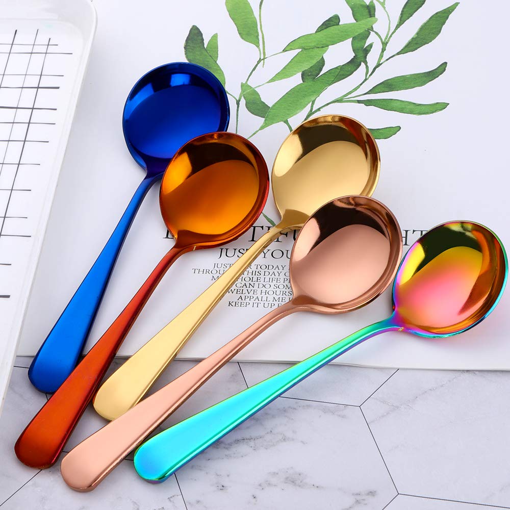 8 Piece Soup Bouillon Cereal Spoon,QOBIMOON Stainless Steel Soup Spoons,6.2 Inch Round Bouillon Spoons,Mixed Colors