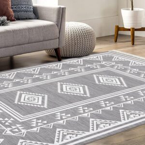 GarveeHome 8x10 Washable Rug Boho Accent Throw Floor Cover Farmhouse Bordered Area Rug Non Slip Low Pile Indoor Bohemian Area Rug Large Living Room Moroccan Rug Dining Room Bedroom Rug Carpet, Grey