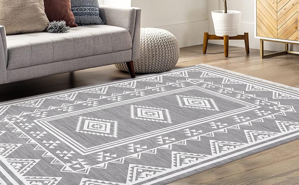 GarveeHome 8x10 Washable Rug Boho Accent Throw Floor Cover Farmhouse Bordered Area Rug Non Slip Low Pile Indoor Bohemian Area Rug Large Living Room Moroccan Rug Dining Room Bedroom Rug Carpet, Grey