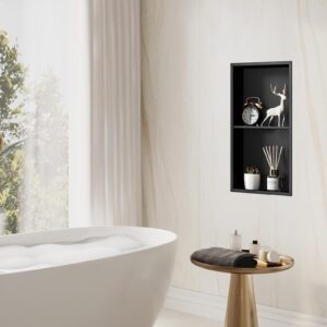 BWE Black Bathroom Wall Niche,12" X 24" X 4" Stainless Steel Shower Niche,Rimless Recessed Shower Shelf for Bathroom Storage,Double Shelves Wall Niche,No Tile Needed