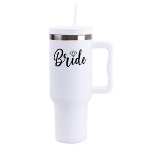 hacienda art & home bride's 40 oz tumbler with handle and straw - insulated stainless steel water bottle fits in car cup holder - bachelorette gift, bridal shower gift (bride white)