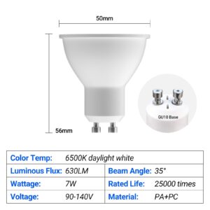 LISTOCASA GU10 LED Bulbs Dimmable, Light Bulb 6500K Daylight White, 630LM LED Spotlight Bulb 7W(50W Halogen Equivalent) Track Lighting Bulb for Kitchen, Range Hood, Bedroom, 6500K, 6-Pack