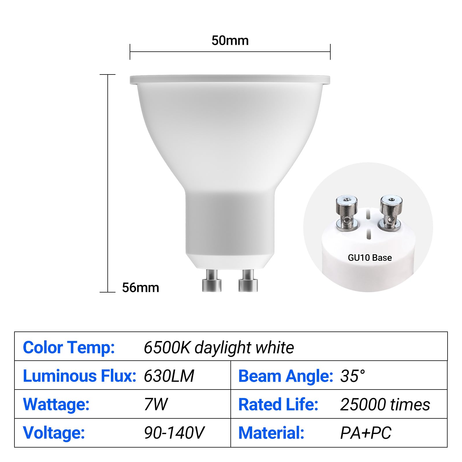 LISTOCASA GU10 LED Bulbs Dimmable, Light Bulb 6500K Daylight White, 630LM LED Spotlight Bulb 7W(50W Halogen Equivalent) Track Lighting Bulb for Kitchen, Range Hood, Bedroom, 6500K, 6-Pack