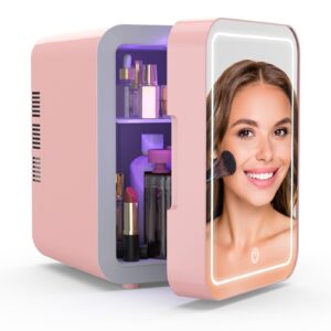 skincare makeup fridge with dimmable led light mirror, 4l portable makeup mini fridge cooler and warmer for bedroom, car, dorm, office, small beauty refrigerator for cosmetics, skin care