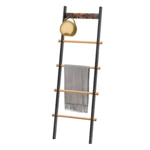 gewudraw 5 feet blanket ladder,5-tier towel rack holder with 4 hooks,wall leaning ladder shelf, decorative ladder blanket holder rack,farmhouse home decor for living room,bathroom,bedroom,rustic decor