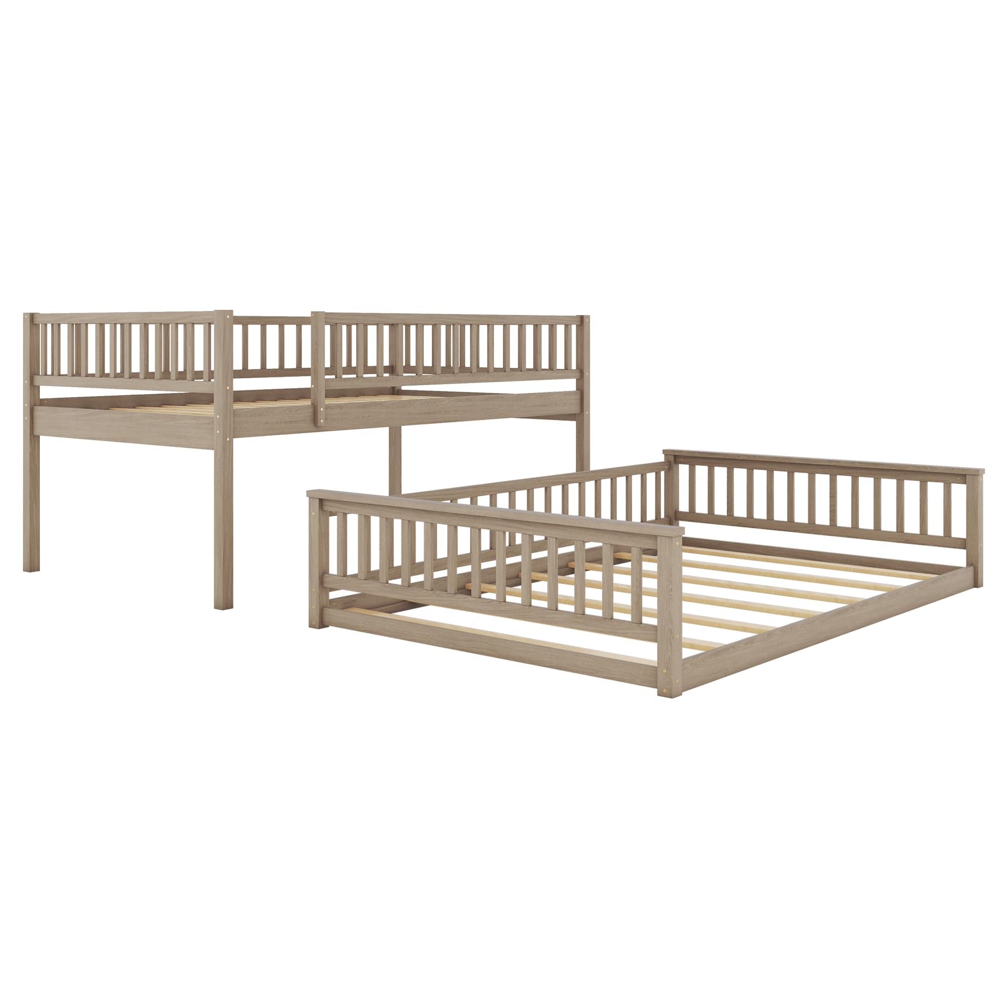 Full XL Over Queen Bunk Bed for Kids/Adults,Queen Size Floor Bunk Beds with Inclined Ladder,Solid Wood Low Bunk Bed,Detachable Bunk Beds for Teens,Girls,Boys(Walnut)