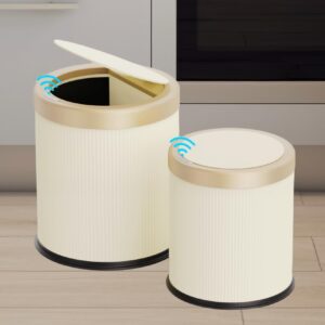 2pack automatic bathroom trash can, touchless motion sensor garbage can with lid, smart dog proof trash bin, plastic wastebasket for bedroom, office, living room, 2.8 gallon+3.7 gallon (cream white)