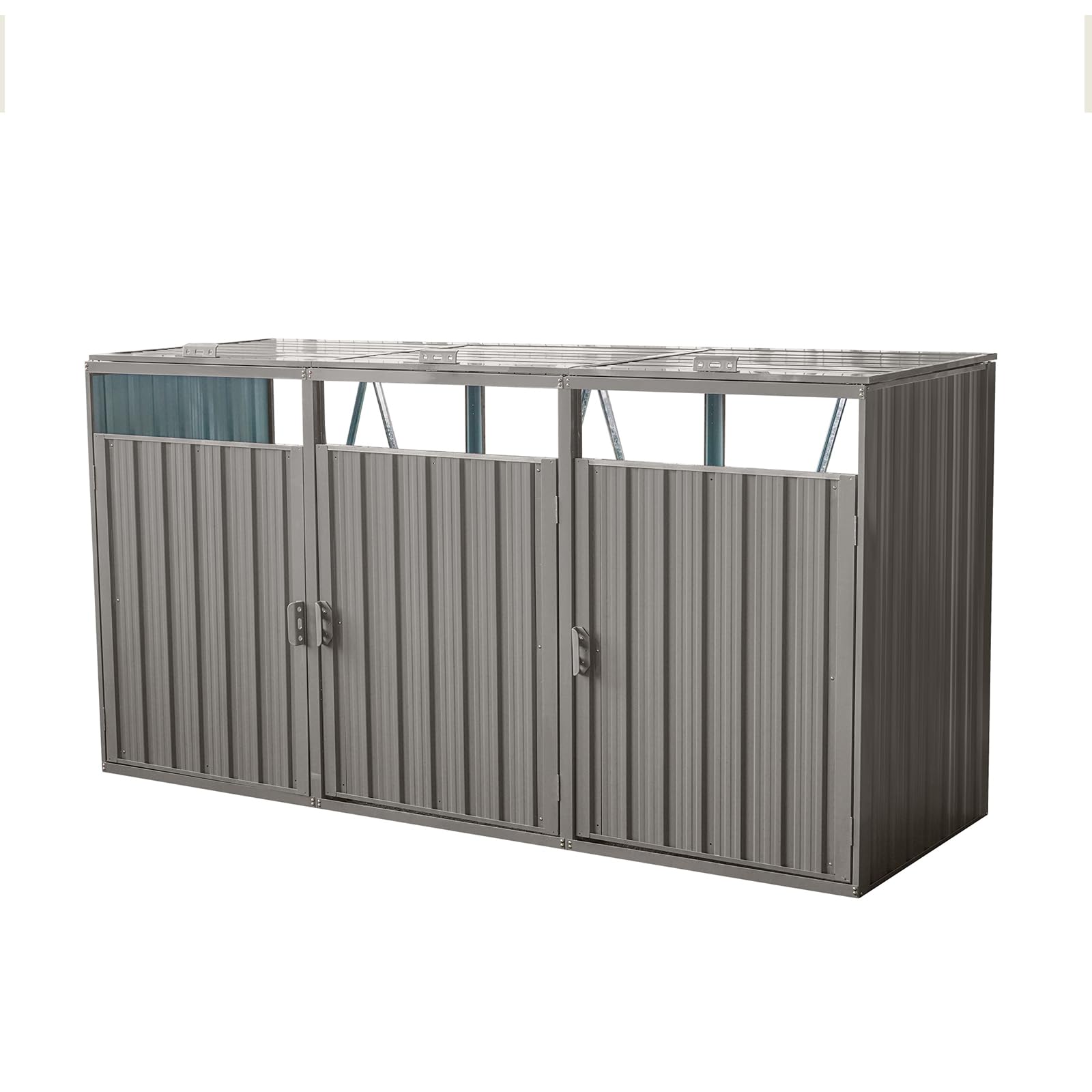 Garbage Bin Shed Stores 3 Trash Cans - Outdoor Metal Bin Storage for Garden, Yard, and Lawn - Stainless Galvanized Steel with Easy Access Lids and Doors - Bin Hider for Trash Can Organization