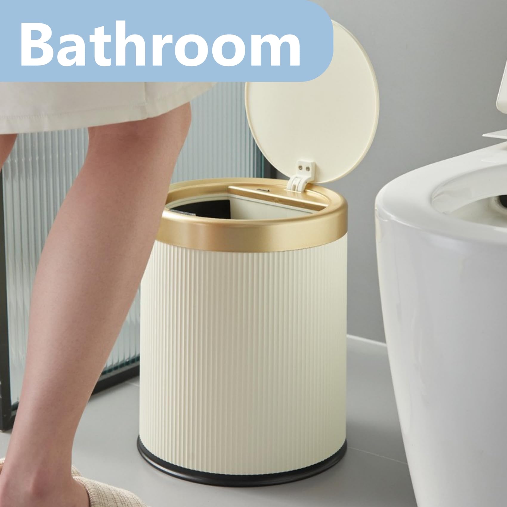 2Pack Automatic Bathroom Trash Can, Touchless Motion Sensor Garbage Can with Lid, Smart Dog Proof Trash Bin, Plastic Wastebasket for Bedroom, Office, Living Room, 2.8 Gallon+3.7 Gallon (Cream White)