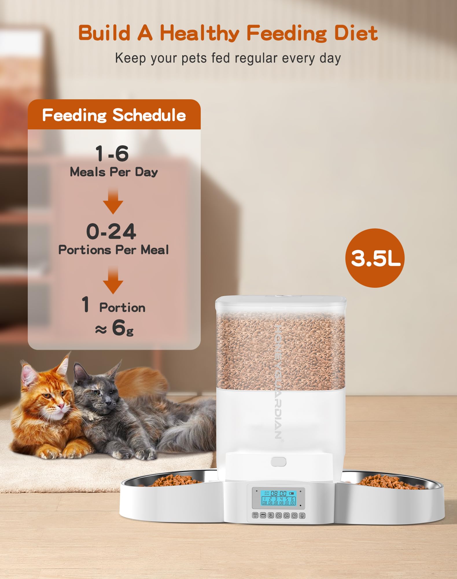 HoneyGuaridan Automatic Cat Feeder for Two Cats,3.5L Cat Food Dispenser with Stainless Steel Bowl,Timed Cat Feeder Programmable 1-6 Meals Control, Dual Power Supply,Desiccant Bag,10s Meal Call Whit