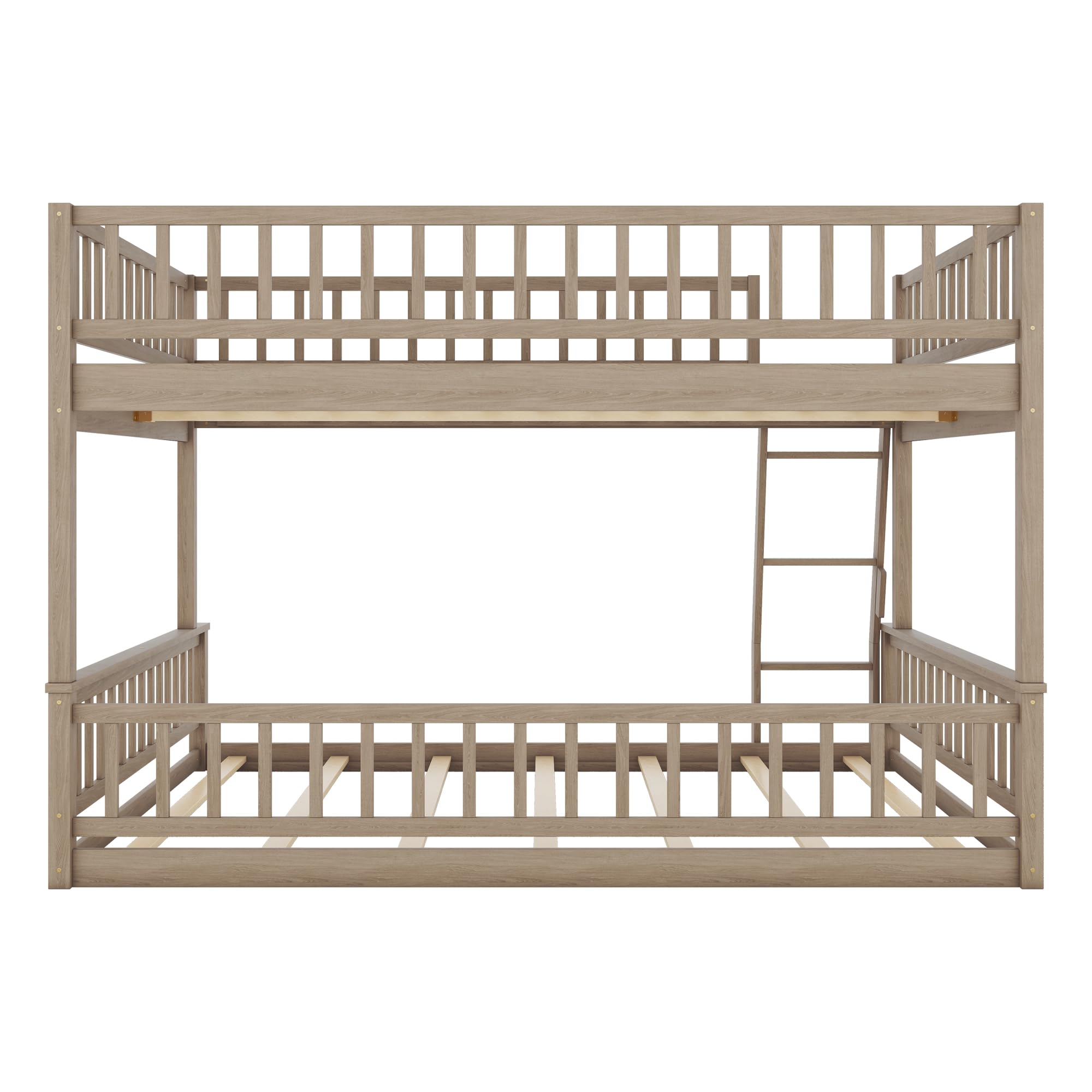 Full XL Over Queen Bunk Bed for Kids/Adults,Queen Size Floor Bunk Beds with Inclined Ladder,Solid Wood Low Bunk Bed,Detachable Bunk Beds for Teens,Girls,Boys(Walnut)