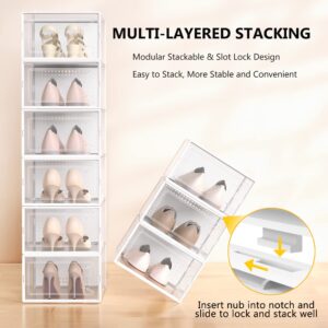 Secret Space 12 Pack X Large Shoe Storage Organizer for Closet, Modular Space Saving Shoe Boxes Clear Plastic Stackable Containers Display Case Bins with Lids, Shoe Rack for Sneaker Storage, White