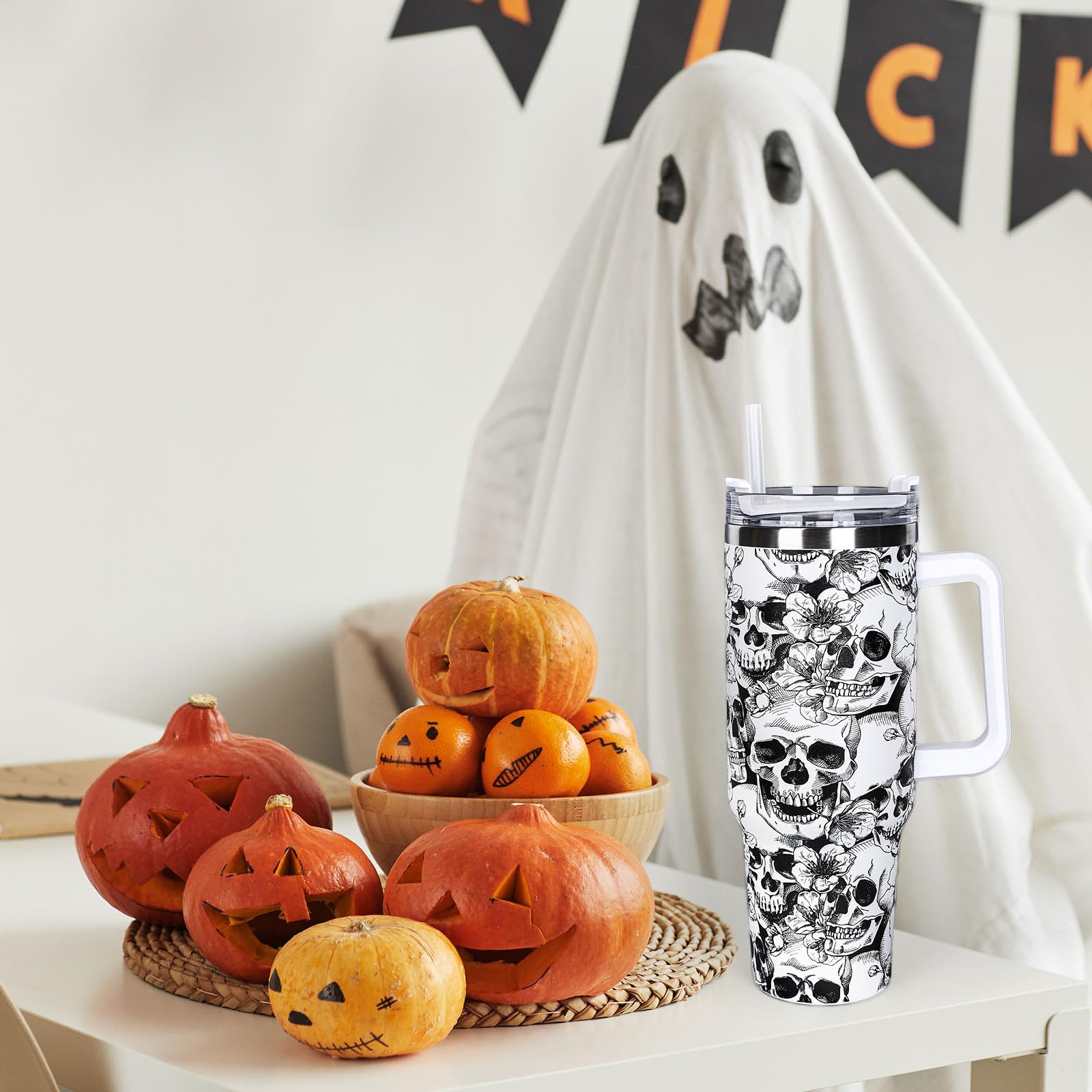 Whaline 40oz Halloween Tumbler with Straw and Lid Skull Travel Coffee Tumbler Cup with Handle for Trick or Treat Birthday Party Gifts