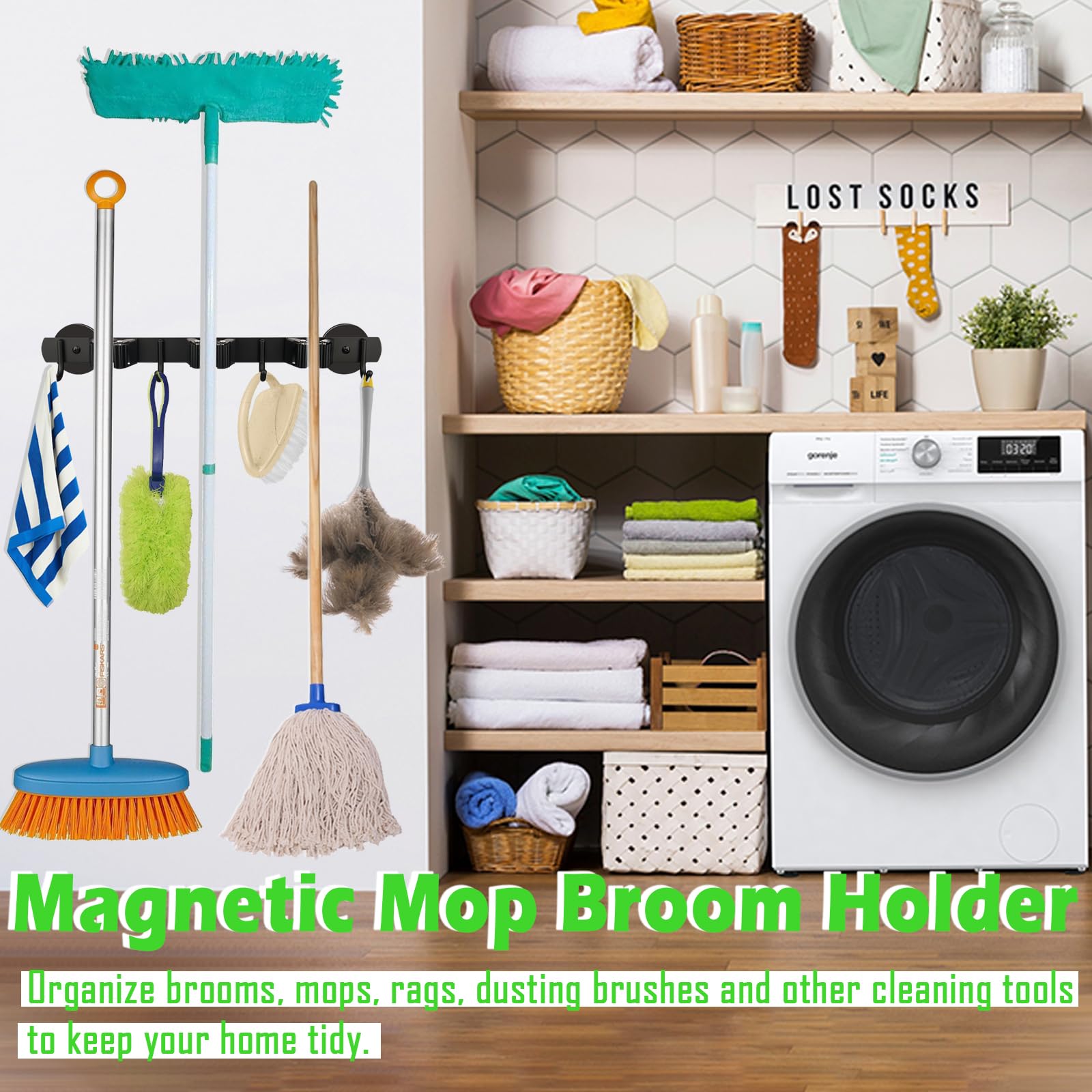 Magnetic Mop Broom Holder Heavy Duty, Strong Magnetic Broom Mop Hanger for Cleaning Tools, Anti-slip Wall Mounted Magnetic Broom Holder Rack for Laundry Garage Kitchen Workshops Shed