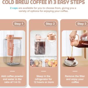 Cold Brew Coffee Maker, 68oz Iced Coffee Pitcher with Filter, 2 Pour Spout Lids for Ice Coffee Tea, Airtight & Leak-Proof Coffee Barrel(Pink)