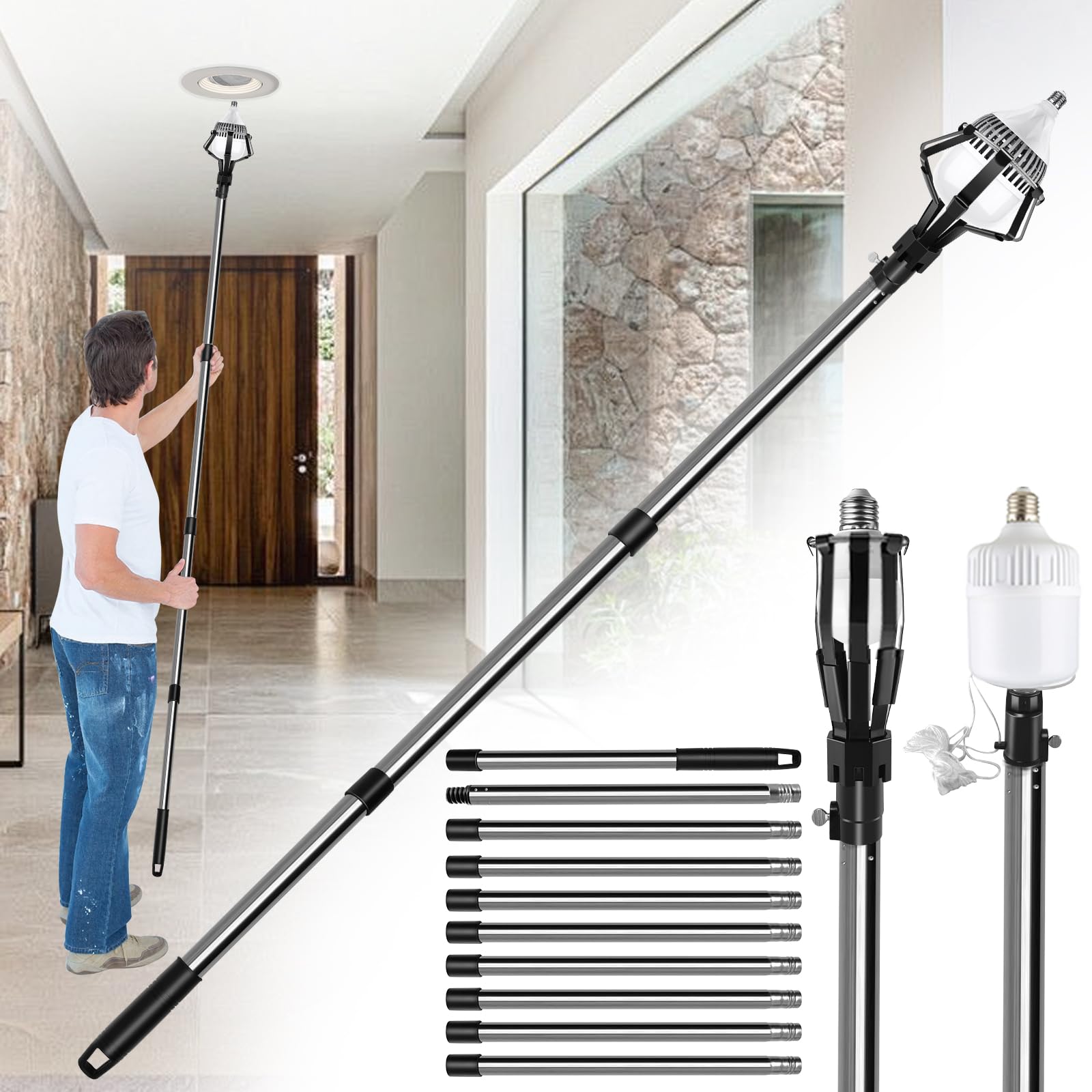 RAYKHO 12FT Extension Pole Light Bulb Changer with Baskets and Suction Cup,Light Bulb Changer for High Ceilings & Recessed Lights, Household Camping Bulb Removal Tool (Black)