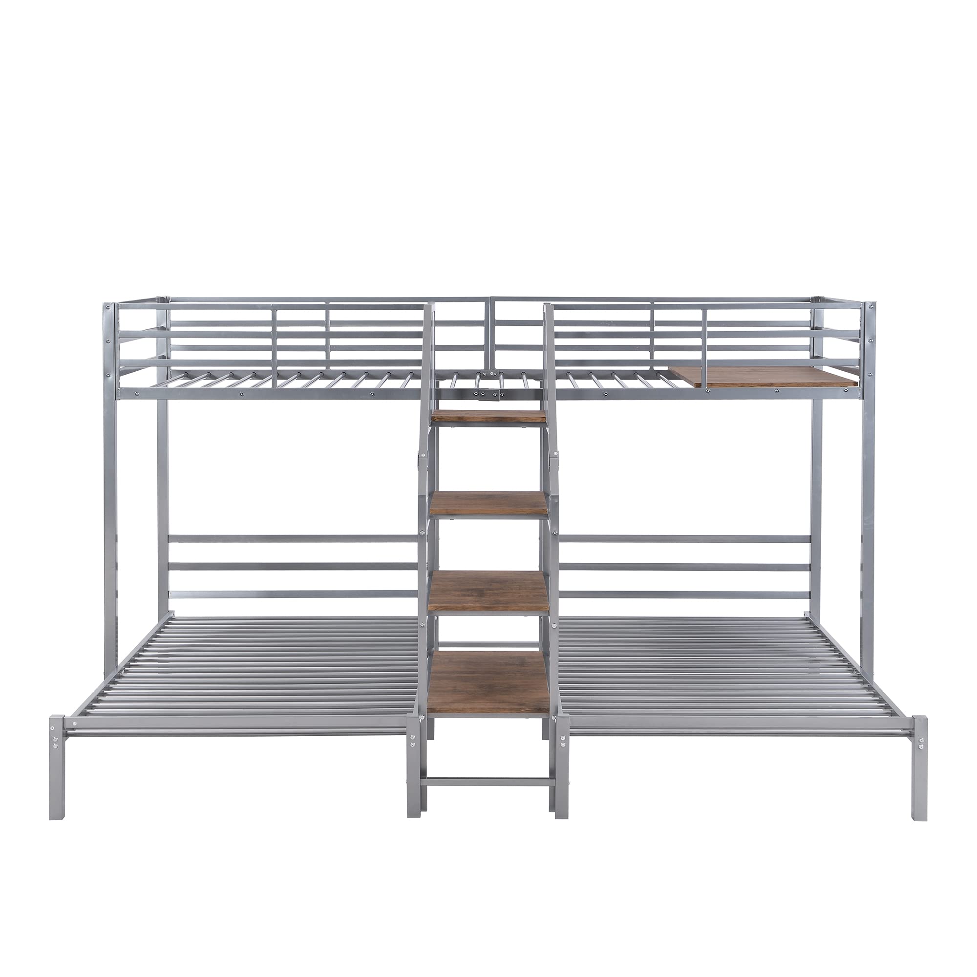 Harper & Bright Designs Metal Triple Bunk Bed with Storage Stairs, Twin Over Twin & Twin Bunk Bed for 3, Bunk Bed with Shelves for Kids Teens Adults, No Box Spring Needed,Silver