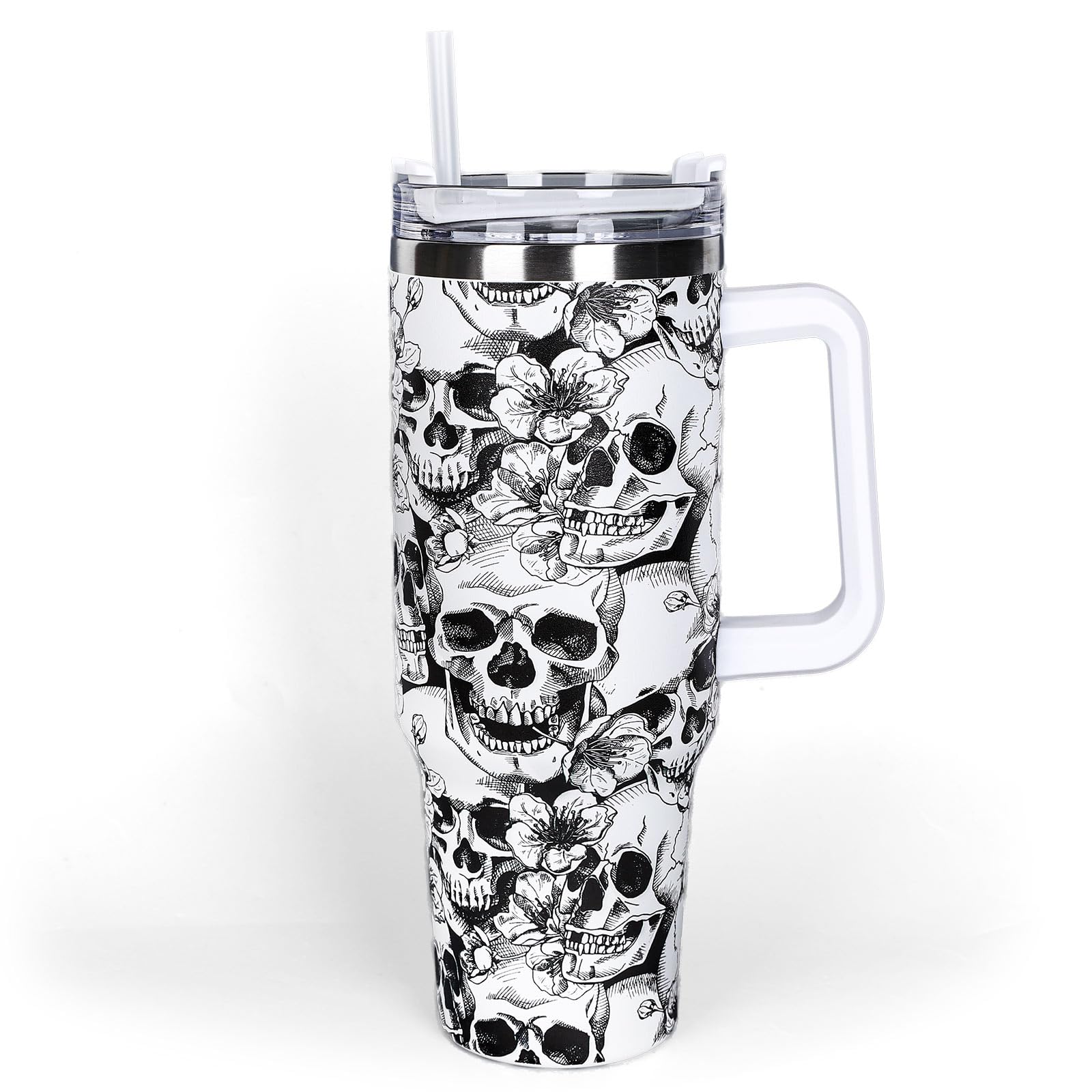 Whaline 40oz Halloween Tumbler with Straw and Lid Skull Travel Coffee Tumbler Cup with Handle for Trick or Treat Birthday Party Gifts