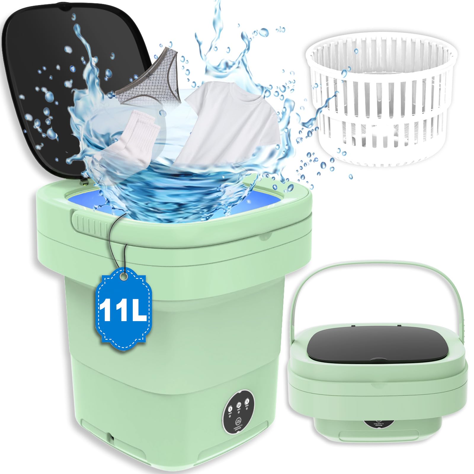 Portable Washing Machine, Foldable Mini Washing Machine and Spin Dryer, 11L Large Capacity, Small Collapsible Laundry Washer for Apartment, Travel, RV, Underwears, Socks, Baby Clothes (Green)