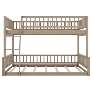 Full XL Over Queen Bunk Bed for Kids/Adults,Queen Size Floor Bunk Beds with Inclined Ladder,Solid Wood Low Bunk Bed,Detachable Bunk Beds for Teens,Girls,Boys(Walnut)