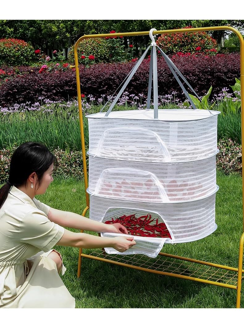 Singring Hanging Mesh Drying Rack, Foldable Herb Drying Rack Clothes Dry Basket with Hook and Zippers, Drying Fish Net for Buds, Fruits, Hydroponics Flowers, Vegetables, Fish, Clothes, Doll