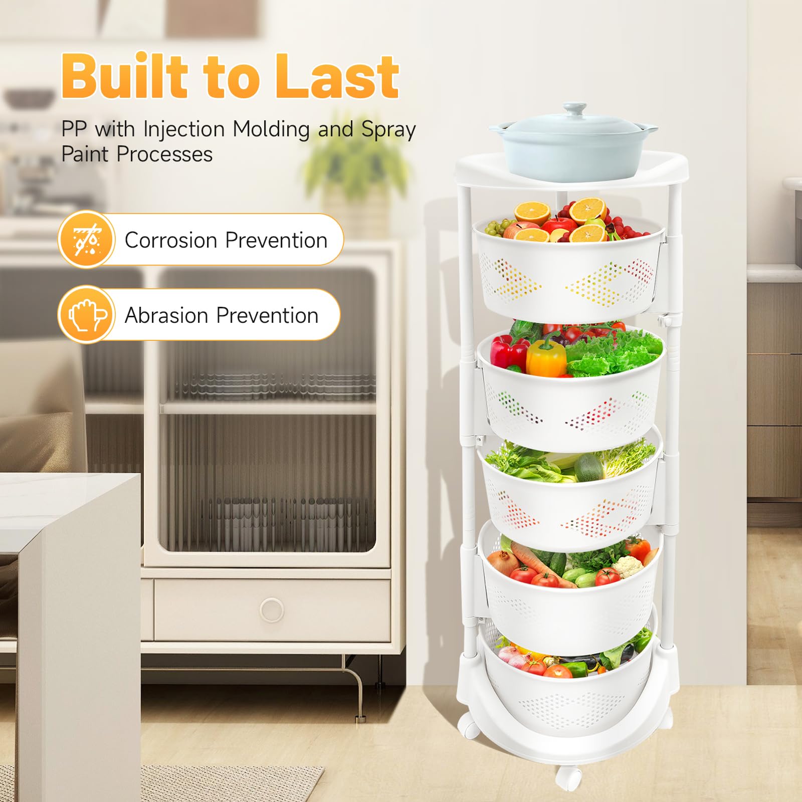 5 Tier Multi-Layer Kitchen Storage Rack, Rotating Storage Shelves Organizer,Floor Standing Storage Rack Basket Shelf Kitchen Storage Cart with Wheels Storage Basket for Living Room Kitchen (White)