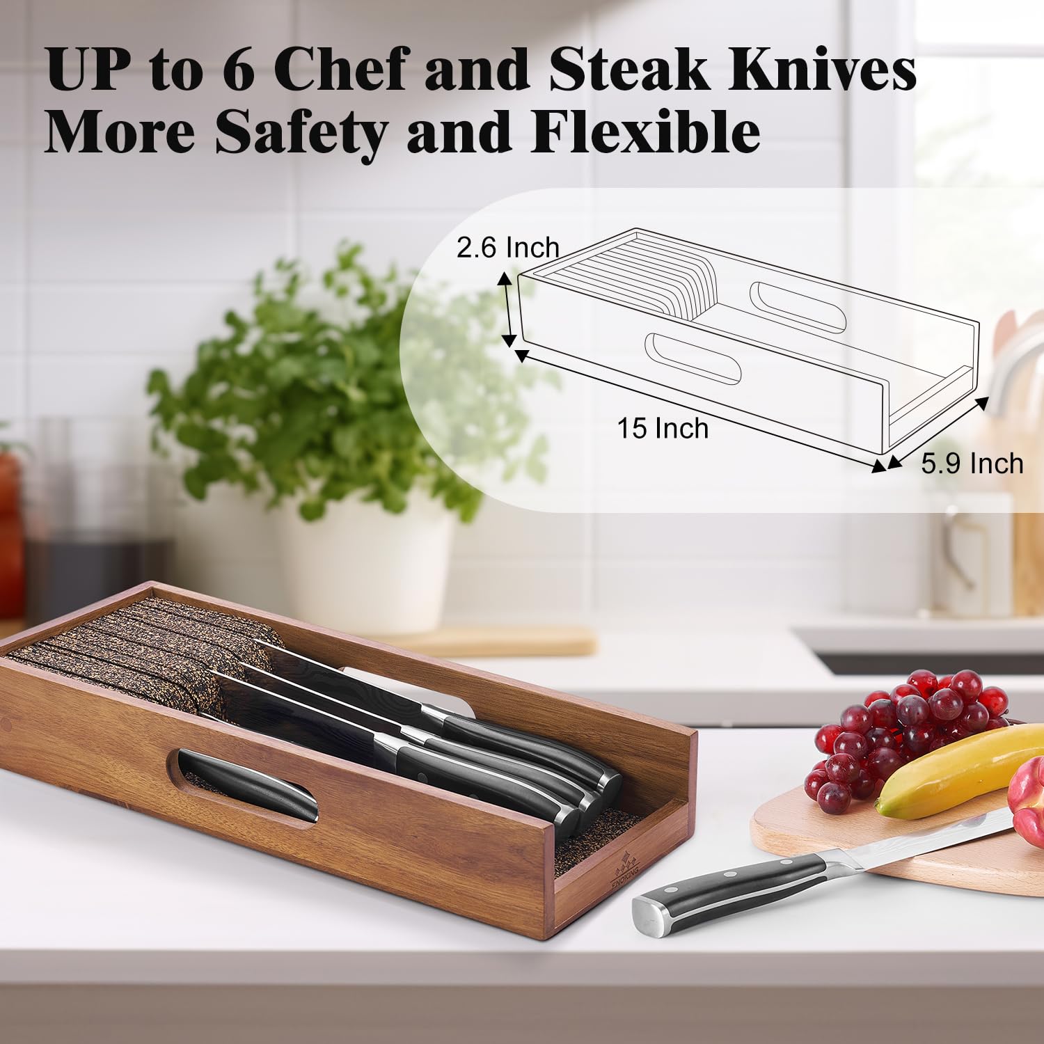 Enoking Knife Drawer Organizer Insert, In Drawer Knife Block, Acacia Wood Knife Holder with Cork Dividers For Kitchen Chef Steak Knife Storage Keep Drawer Tidy