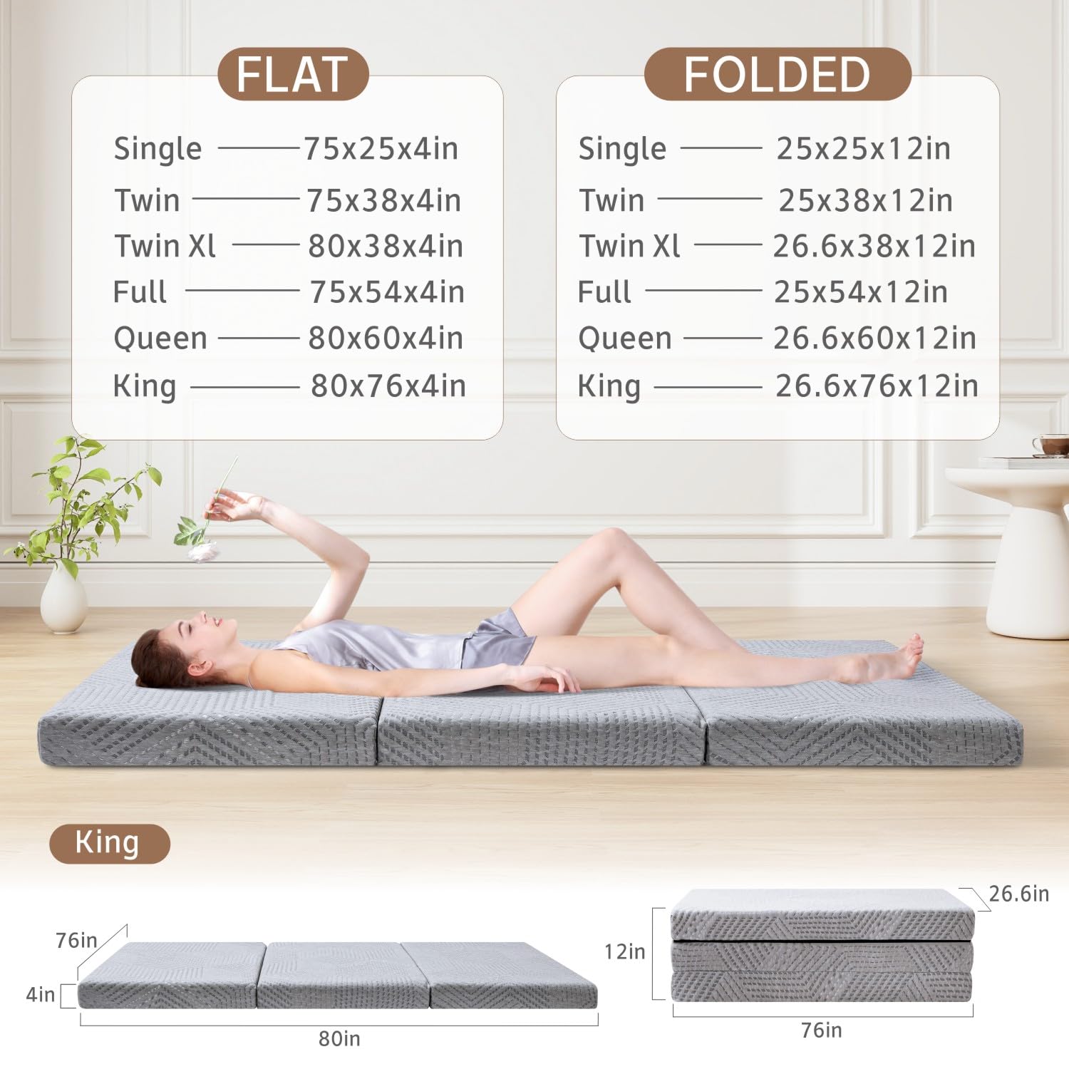 MUUEGM Folding Mattress, 4 Inch King Tri-fold Memory Foam Mattress, Foldable Mattress with Washable Cover, Trifold Mattress for Yoga/Camping/RV/Guest Beds,CertiPUR-US Certified,Grey