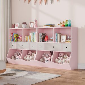 IDEALHOUSE Kids Toy Storage Organizer with 3 Movable Drawers, 3 Tier Children Bookcase and Bookshelf, 7 Cubby Toy Storage Cabinet, Toy Shelf for Playroom, Bedroom, Living Room, Nursery,Pink