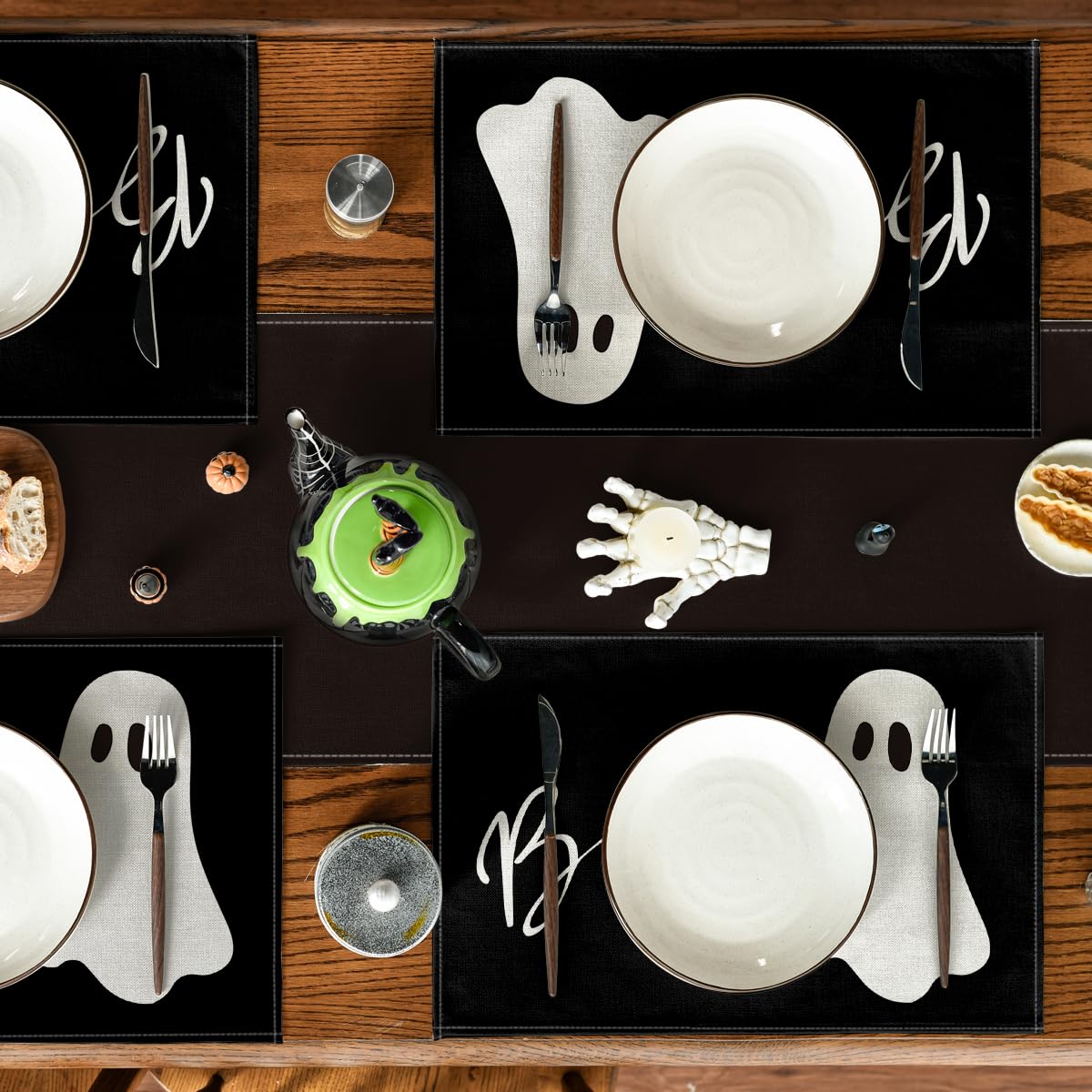 Artoid Mode Boo Ghost Halloween Placemats Set of 6, 12x18 Inch Seasonal Black Holiday Table Mats for Party Kitchen Dining Decoration