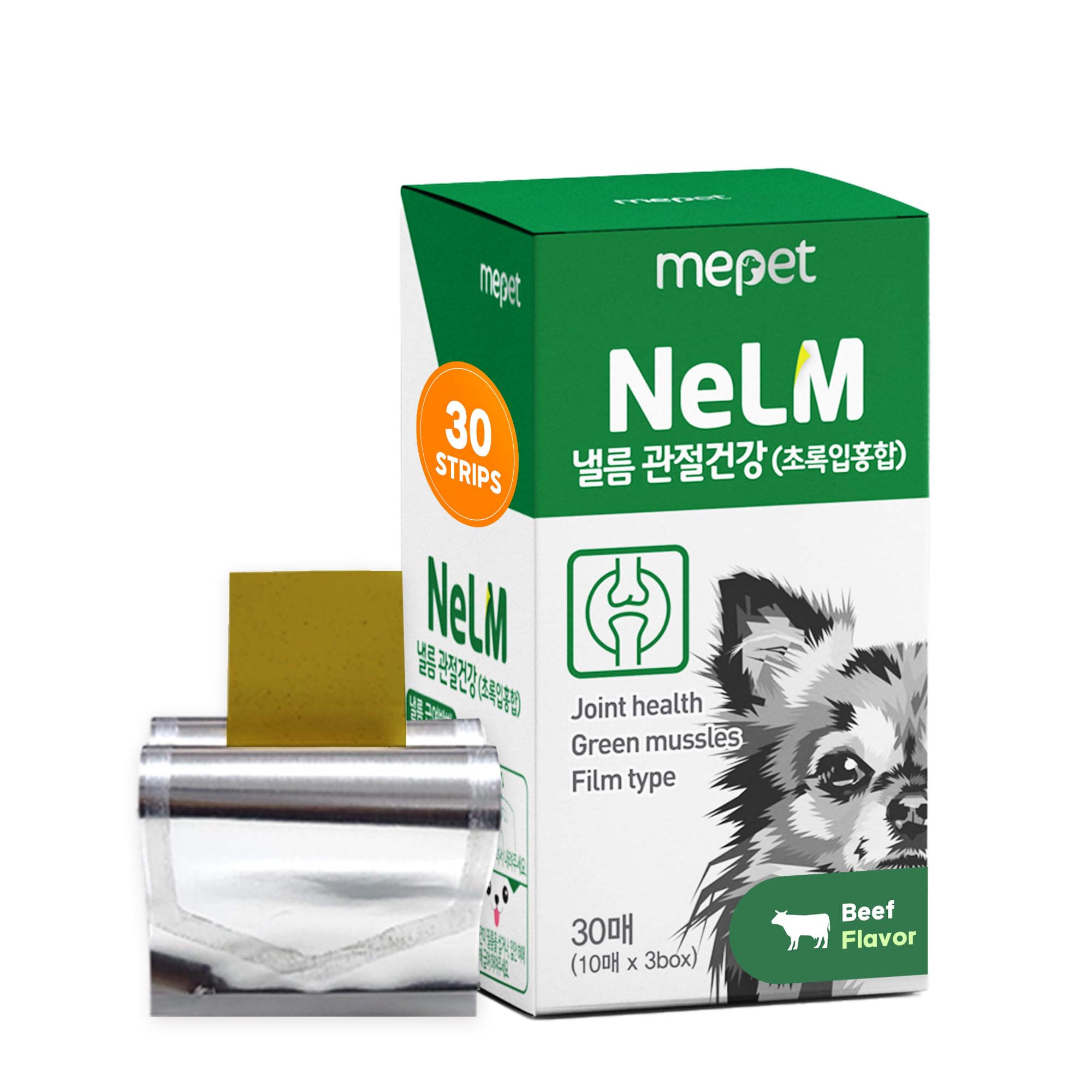 Mepet Joint Support for Dogs - Mouth Dissolving Strips, Green Lipped Mussel Hip & Joint Health Supplement, Vitamin D3 & E for Arthritis - No Allergen & Additive - Pet Health Supplies - Beef, 30 Strips