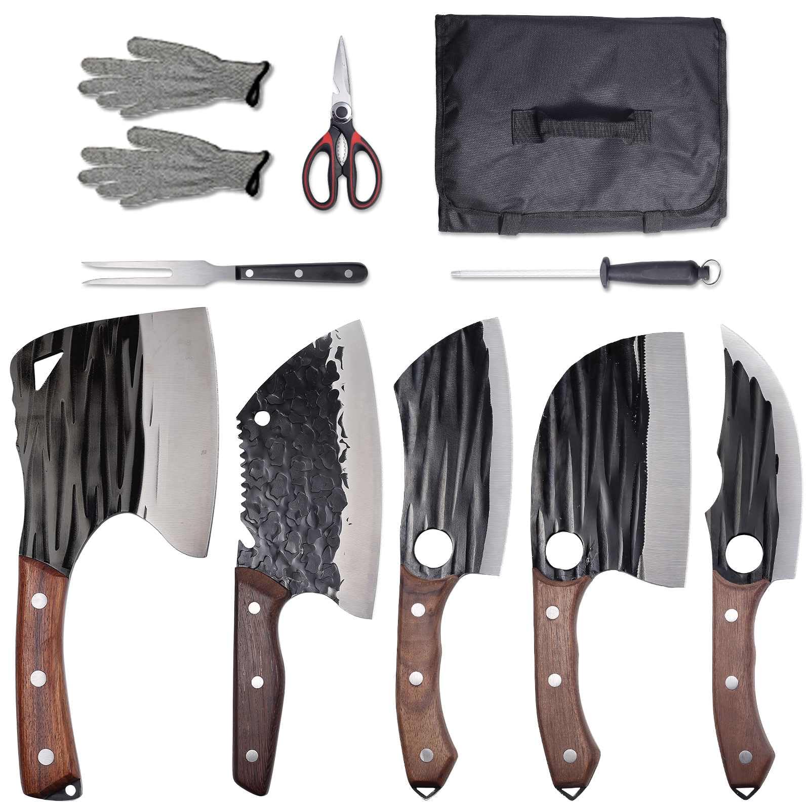 Xnarlath Butcher Chef Knife Set with Bag，High Carbon Steel Meat Cleaver for Meat Cutting Processing,Heavy Duty Bone Chopper Hand Forged Butcher Knives，Outdoor BBQ Camping Knife (5 butcher knife set)