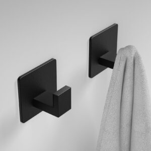 WUIVIUT Self Adhesive Wall Hooks Clothes Hanger Stick Hooks Aluminum Hooks for Hanging Towel Robe Clothes Heavy Duty Hook for Door Bathroom Bedroom Kitchen(2 Pack- Black)