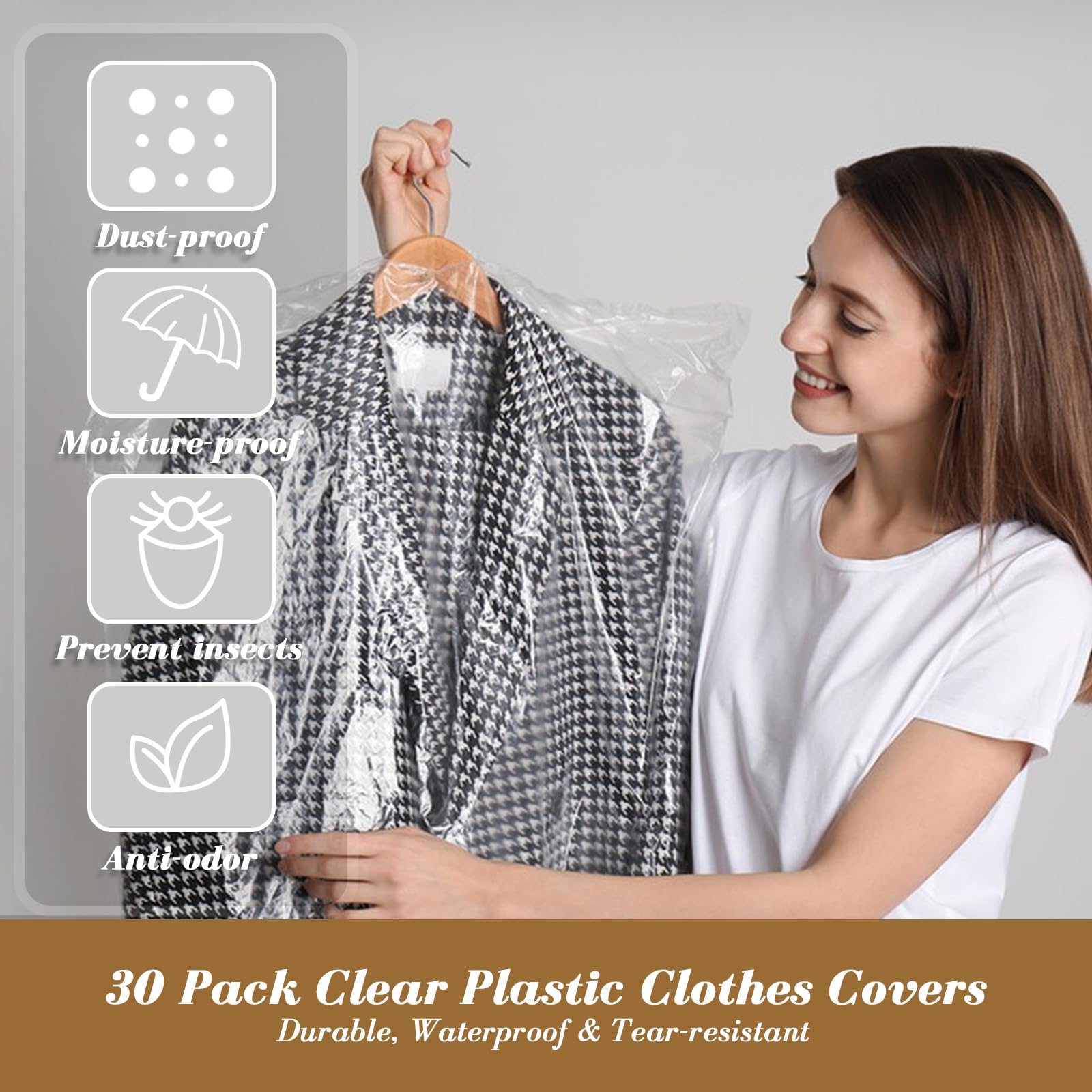 QBXMY7 Garment Bags, Pack of 30 Garment Bags, Transparent Hanging Garment Bags, Plastic Suit Bag, Dustproof Clothes Protector, Waterproof Garment Cover for Suits, Shirts, 60x90cm/60x150cm/60x120cm