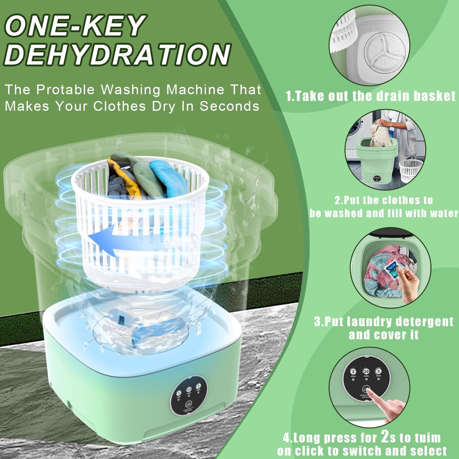 Portable Washing Machine, Foldable Mini Washing Machine and Spin Dryer, 11L Large Capacity, Small Collapsible Laundry Washer for Apartment, Travel, RV, Underwears, Socks, Baby Clothes (Green)