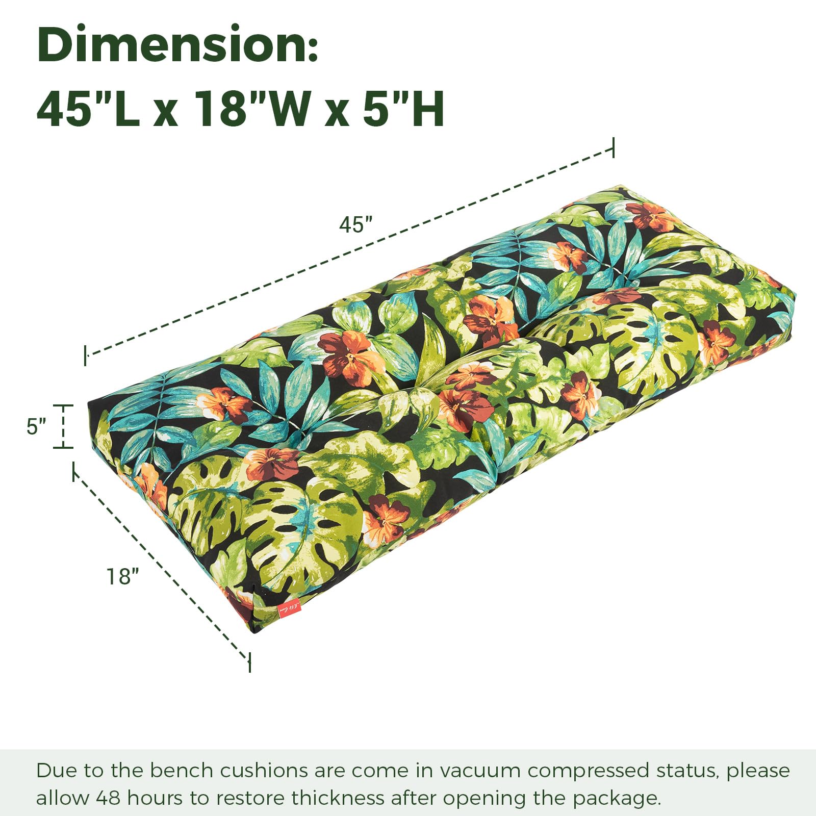 IN4 Care Indoor Outdoor Bench Cushion 45"x18", Non-Slip Patio Furniture Seat Pads, Waterproof Overstuffed Tufted Loveseat Cushion with Round Corner for Window,Swing,Garden,Porch-Tropical Green Leaves